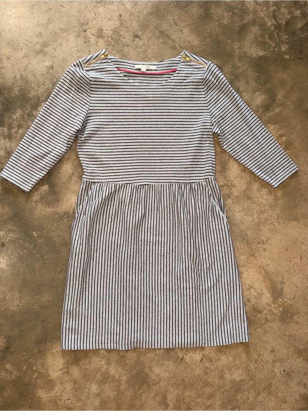 Boden Gray Navy Striped Knit Mini Dress Gold Zip Shoulders 14R